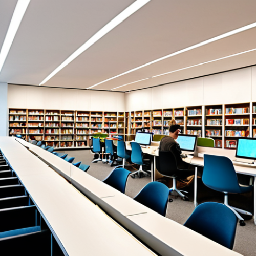 Home 6 **Prompt:** A modern, minimalist library interior. Instead of rows of bookshelves, feature sleek workstations with people using laptops and tablets. A large screen displays an online course. Comfortable seating areas encourage collaboration. Emphasize a bright, open atmosphere.