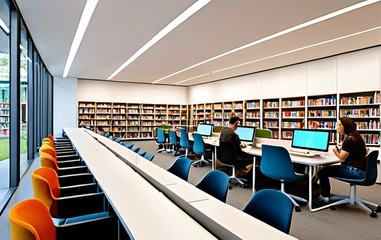**Prompt:** A modern, minimalist library interior. Instead of rows of bookshelves, feature sleek workstations with people using laptops and tablets. A large screen displays an online course. Comfortable seating areas encourage collaboration. Emphasize a bright, open atmosphere.