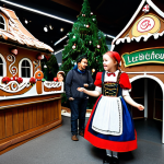 **

A bustling scene inside a "Grimm's Fairy Tales" themed amusement park. A young girl, fully clothed in a dirndl, is interacting with a life-sized gingerbread house (Lebkuchenhaus). In the background, costumed characters like Little Red Riding Hood (Rotkäppchen) and Hansel and Gretel are visible. Safe for work, appropriate content, family-friendly, professional, perfect anatomy, natural proportions, high quality.

**