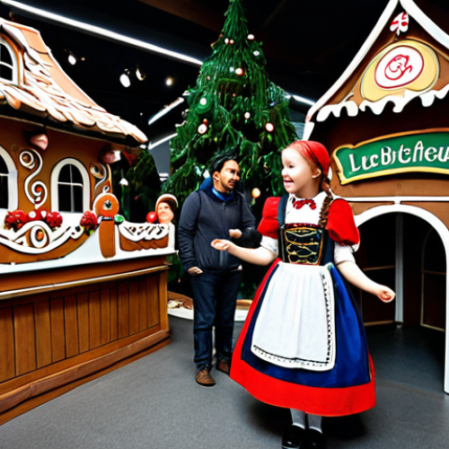 **

A bustling scene inside a "Grimm's Fairy Tales" themed amusement park. A young girl, fully clothed in a dirndl, is interacting with a life-sized gingerbread house (Lebkuchenhaus). In the background, costumed characters like Little Red Riding Hood (Rotkäppchen) and Hansel and Gretel are visible. Safe for work, appropriate content, family-friendly, professional, perfect anatomy, natural proportions, high quality.

**
