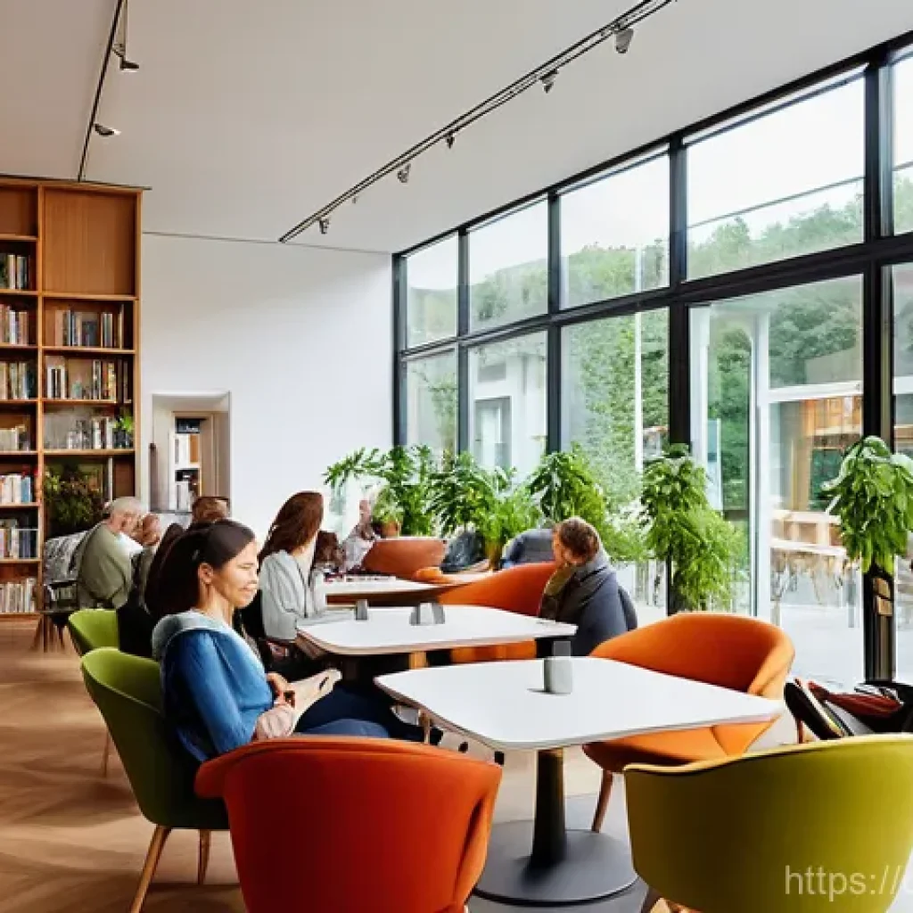 지역 특화 도서관 만들기 - **Prompt:** A cozy, modern library interior designed as a "Third Place" in Germany. Natural light st...