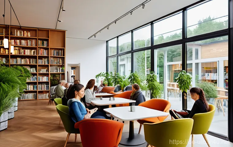 지역 특화 도서관 만들기 - **Prompt:** A cozy, modern library interior designed as a "Third Place" in Germany. Natural light st...