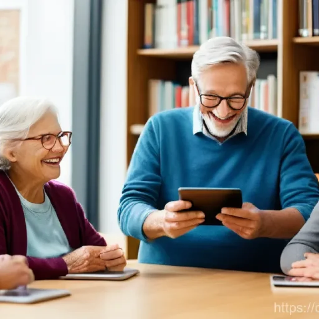 노인 맞춤형 도서관 운영 - **Prompt:** A cozy and brightly lit modern library space where several senior citizens are gathered ...