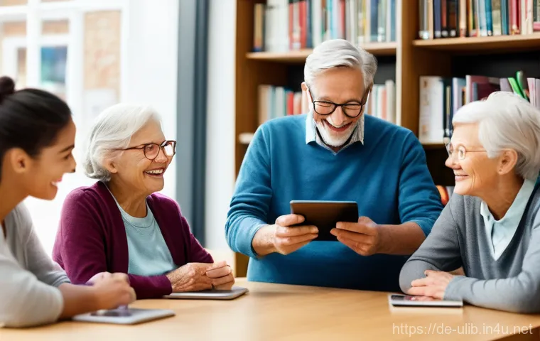 노인 맞춤형 도서관 운영 - **Prompt:** A cozy and brightly lit modern library space where several senior citizens are gathered ...