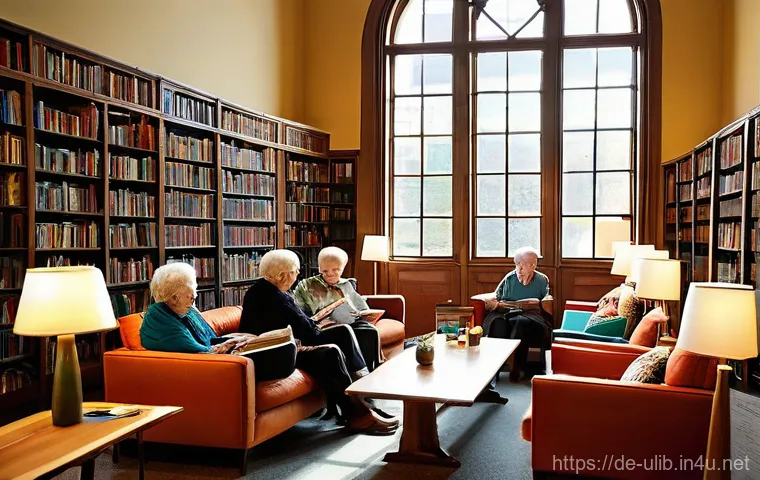 노인 맞춤형 도서관 운영 - **Prompt:** A cozy and brightly lit modern library space where several senior citizens are gathered ...