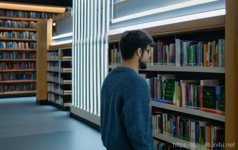 무인 도서관 시스템 - **Prompt:** A serene, modern, and brightly lit library interior at late evening. A young adult, casu...