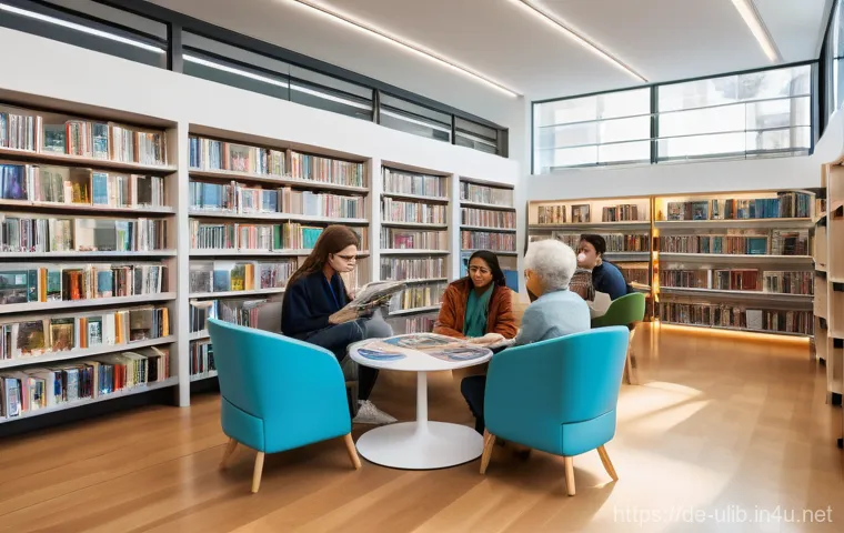 무인 도서관 시스템 - **Prompt:** A serene, modern, and brightly lit library interior at late evening. A young adult, casu...