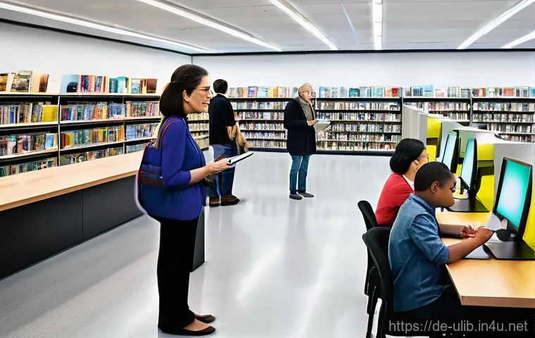 무인 도서관 시스템 - **Prompt:** A vibrant, spacious area within a futuristic, automated library. A diverse group of peop...