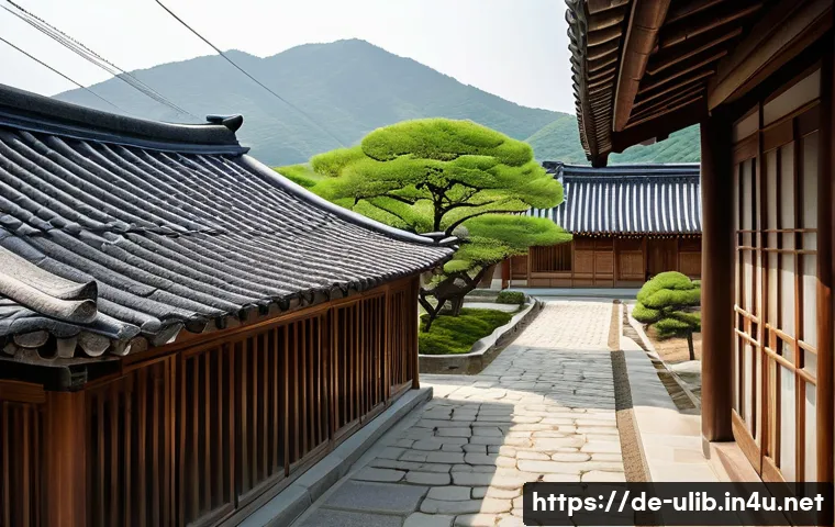 한국 전통 도서관 건축 사례 - **Prompt 1: Serene Hanok Village with Baesanimsu Principle**
    "A wide-angle, panoramic view of a ...