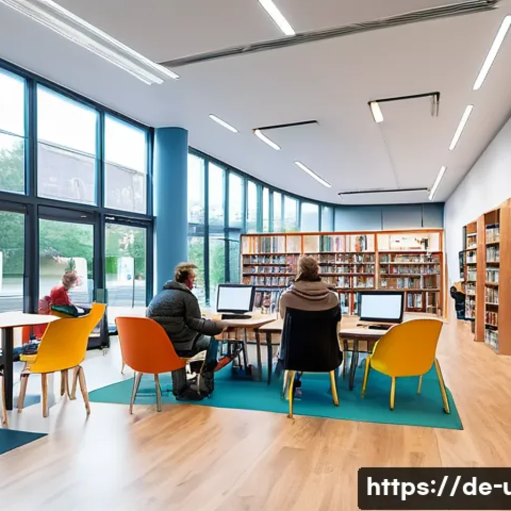 국제도서관협회 트렌드 - A modern public library interior in Germany featuring flexible open spaces with natural light, peopl...