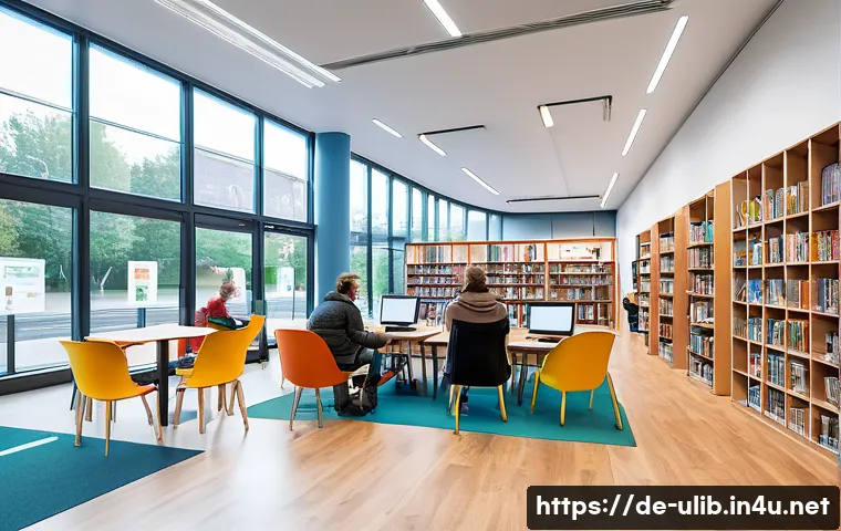 국제도서관협회 트렌드 - A modern public library interior in Germany featuring flexible open spaces with natural light, peopl...