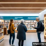 Home 22 AI 사서 서비스 적용 - A modern German library interior with diverse users engaging with AI-powered digital catalog kiosks;...