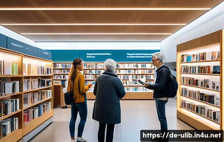 AI 사서 서비스 적용 - A modern German library interior with diverse users engaging with AI-powered digital catalog kiosks;...