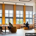Home 21 북 리트릿 도서관 체험 - A serene urban public library interior with modern design elements, large windows allowing abundant ...