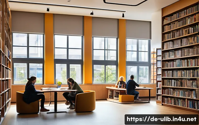 북 리트릿 도서관 체험 - A serene urban public library interior with modern design elements, large windows allowing abundant ...