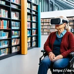 Home 20 AR VR 체험형 도서관 - A modern public library interior in Germany featuring diverse visitors of all ages engaging with vir...