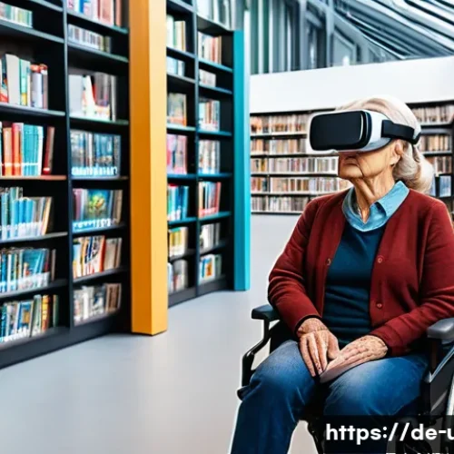 Home 32 AR VR 체험형 도서관 - A modern public library interior in Germany featuring diverse visitors of all ages engaging with vir...