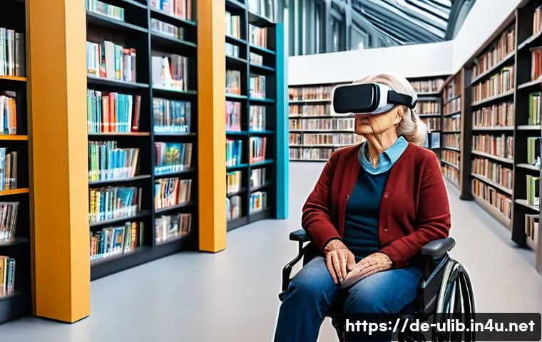 AR VR 체험형 도서관 - A modern public library interior in Germany featuring diverse visitors of all ages engaging with vir...