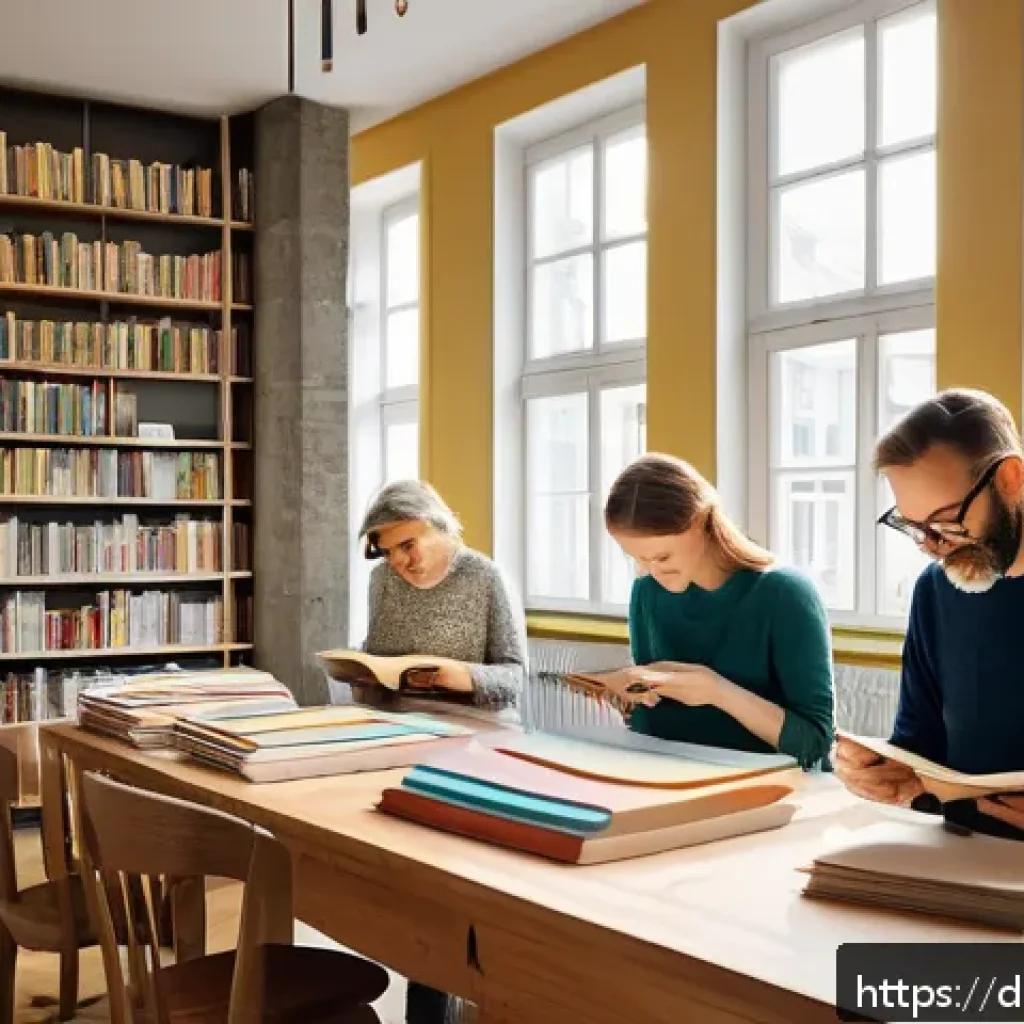 수제책 제작 공간 도서관 - A cozy, modern library DIY book atelier in a German city, with diverse creative materials like high-...