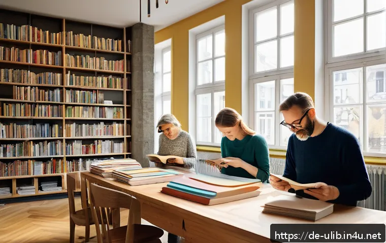 수제책 제작 공간 도서관 - A cozy, modern library DIY book atelier in a German city, with diverse creative materials like high-...