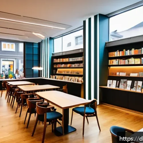 Home 30 카페형 도서관 창업 비용 - A cozy, modern café-library interior in a vibrant German university district, featuring warm wooden ...