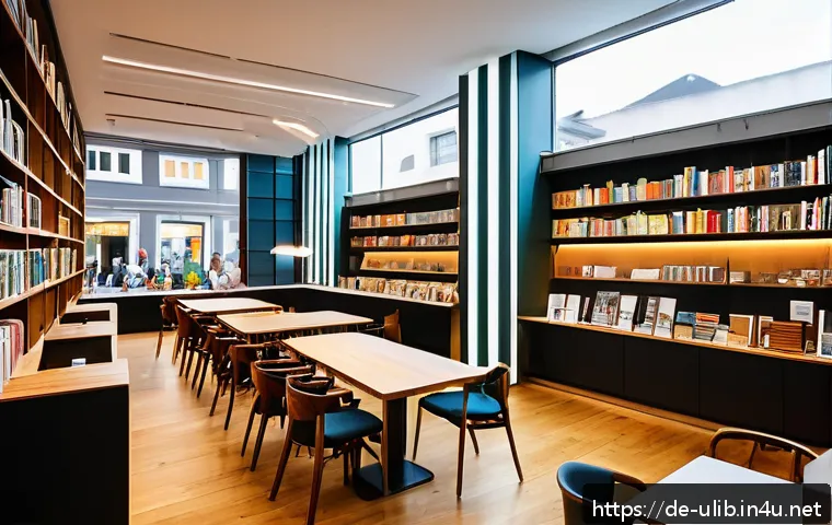 카페형 도서관 창업 비용 - A cozy, modern caf&eacute;-library interior in a vibrant German university district, featuring warm wooden ...