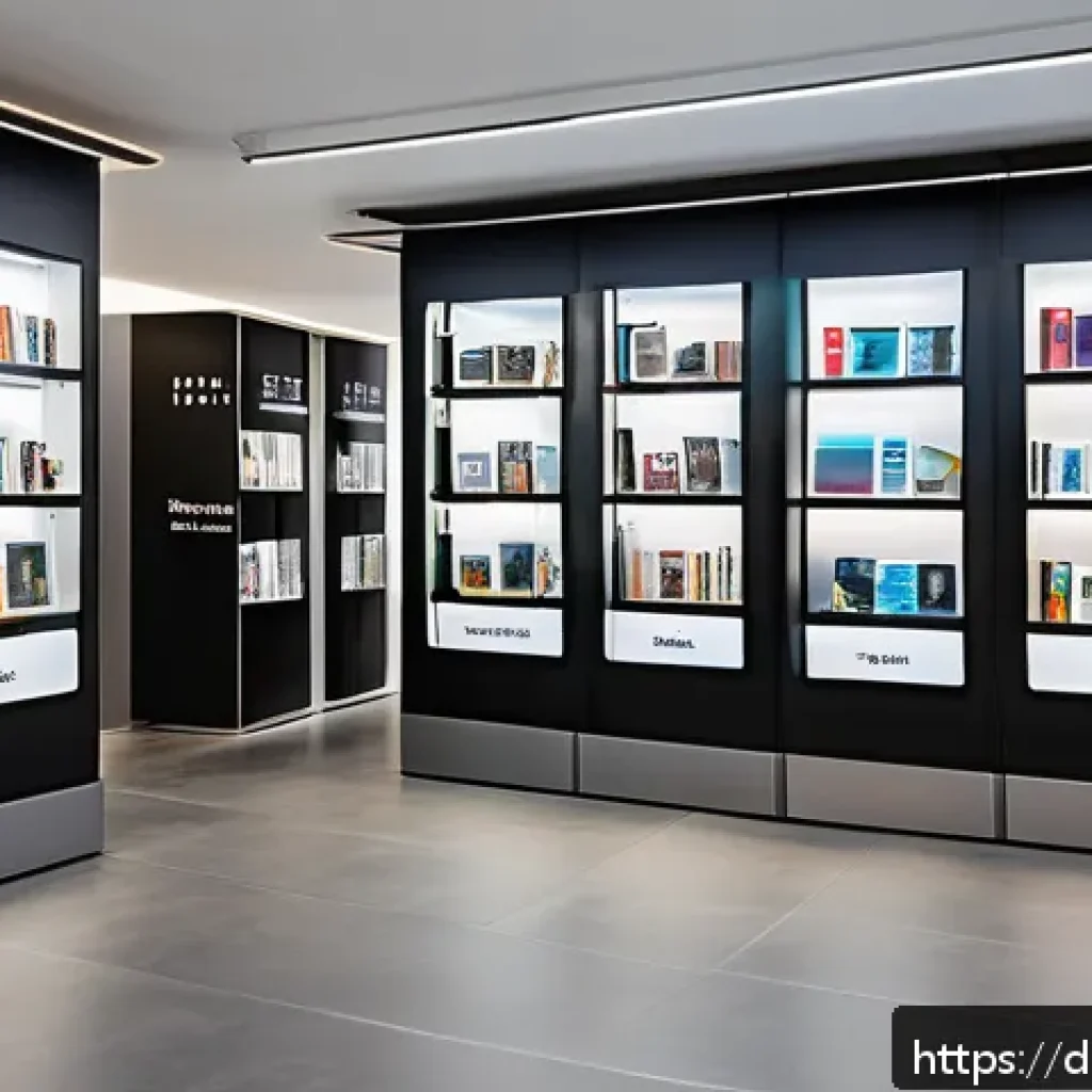 NFT 전자책 도서관 - A modern digital library interior in a German city, featuring sleek bookshelves with both physical b...