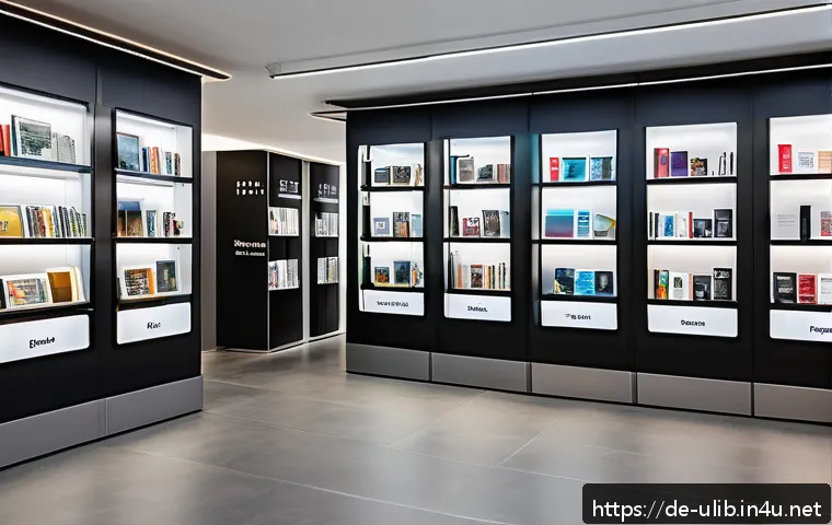 NFT 전자책 도서관 - A modern digital library interior in a German city, featuring sleek bookshelves with both physical b...