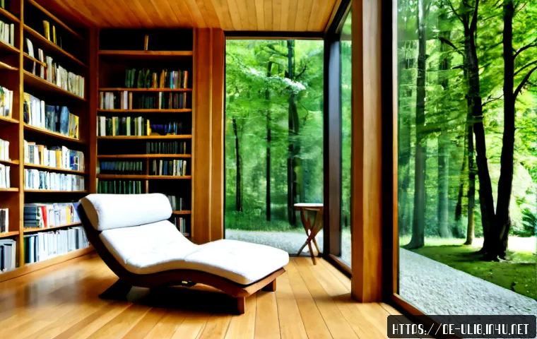 자연 속 도서관 힐링 공간 - Photorealistic tranquil forest library retreat in a German beech woodland, warm timber reading pavil...