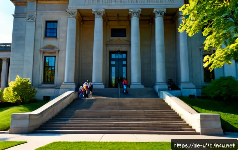 미국 유명 공공도서관 사례 - Photorealistic exterior of a renowned American public library, grand neoclassical stone façade with ...